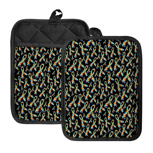 Autism Awareness Ribbon Pattern Print Pot Holders With Pocket