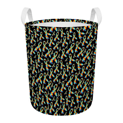 Autism Awareness Ribbon Pattern Print Round Laundry Basket