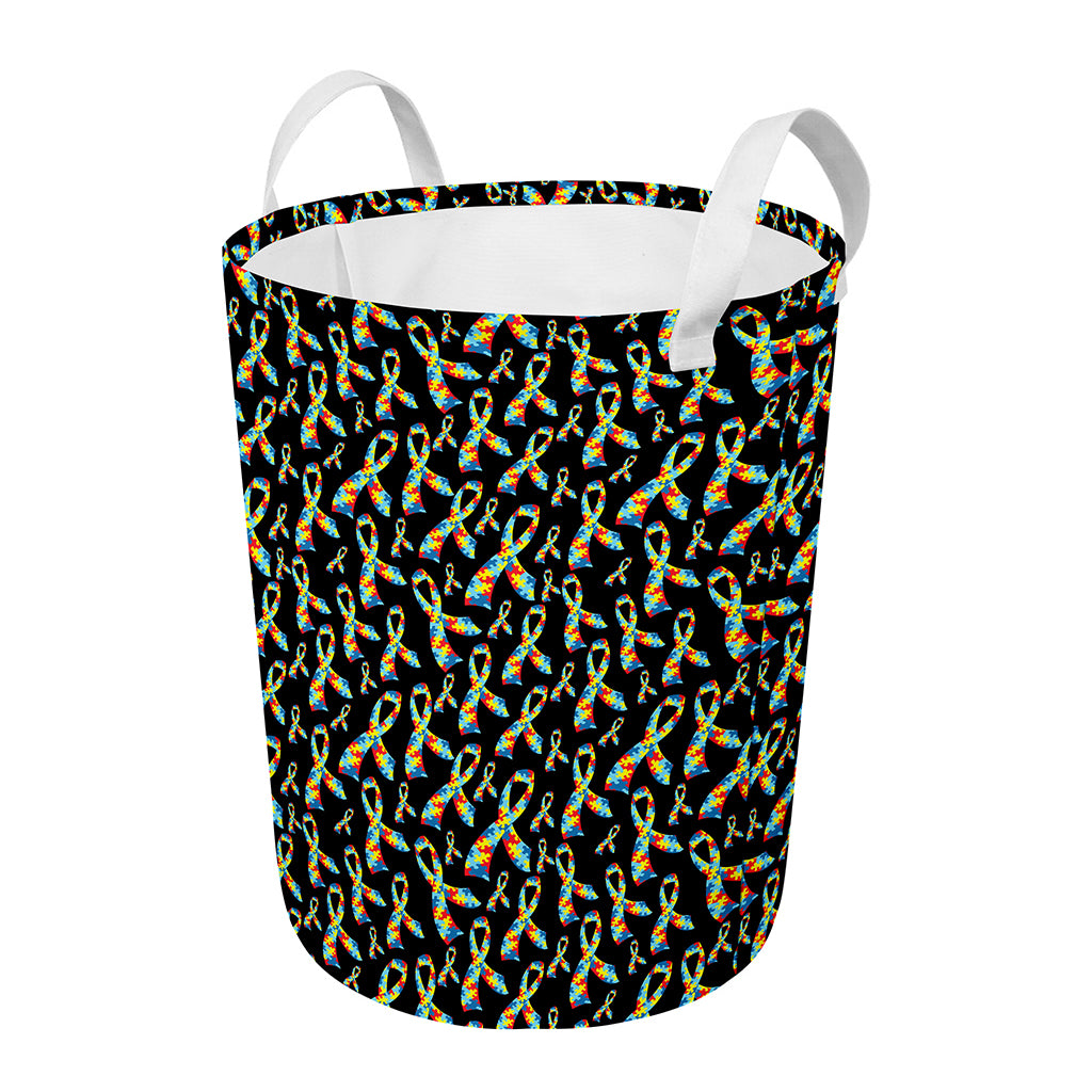 Autism Awareness Ribbon Pattern Print Round Laundry Basket