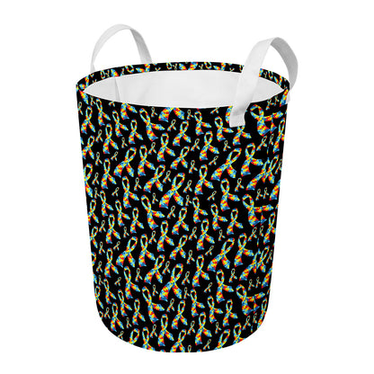 Autism Awareness Ribbon Pattern Print Round Laundry Basket