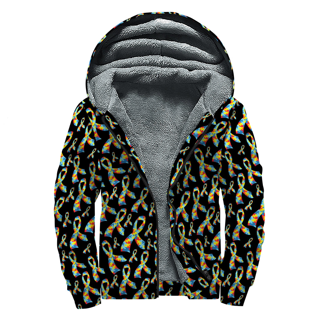 Autism Awareness Ribbon Pattern Print Sherpa Lined Zip Up Hoodie