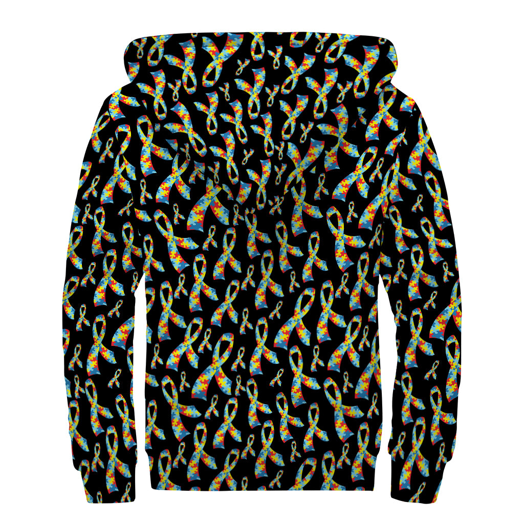 Autism Awareness Ribbon Pattern Print Sherpa Lined Zip Up Hoodie