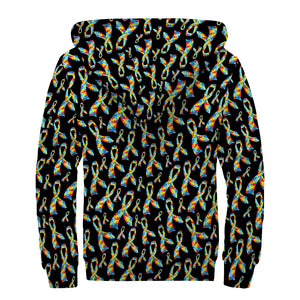 Autism Awareness Ribbon Pattern Print Sherpa Lined Zip Up Hoodie