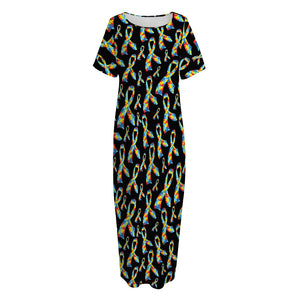 Autism Awareness Ribbon Pattern Print Short Sleeve Long Nightdress