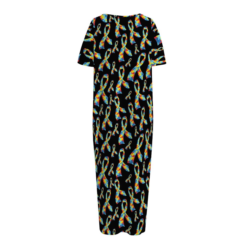 Autism Awareness Ribbon Pattern Print Short Sleeve Long Nightdress