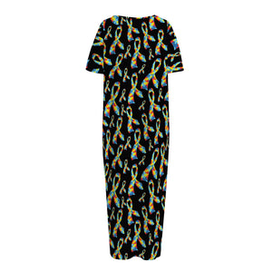 Autism Awareness Ribbon Pattern Print Short Sleeve Long Nightdress