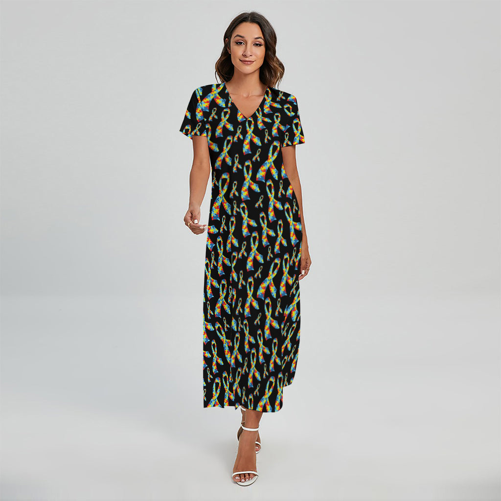 Autism Awareness Ribbon Pattern Print Short Sleeve Maxi Dress