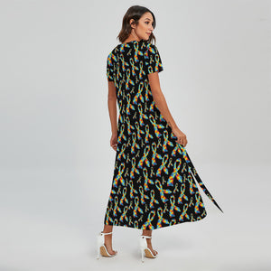 Autism Awareness Ribbon Pattern Print Short Sleeve Maxi Dress