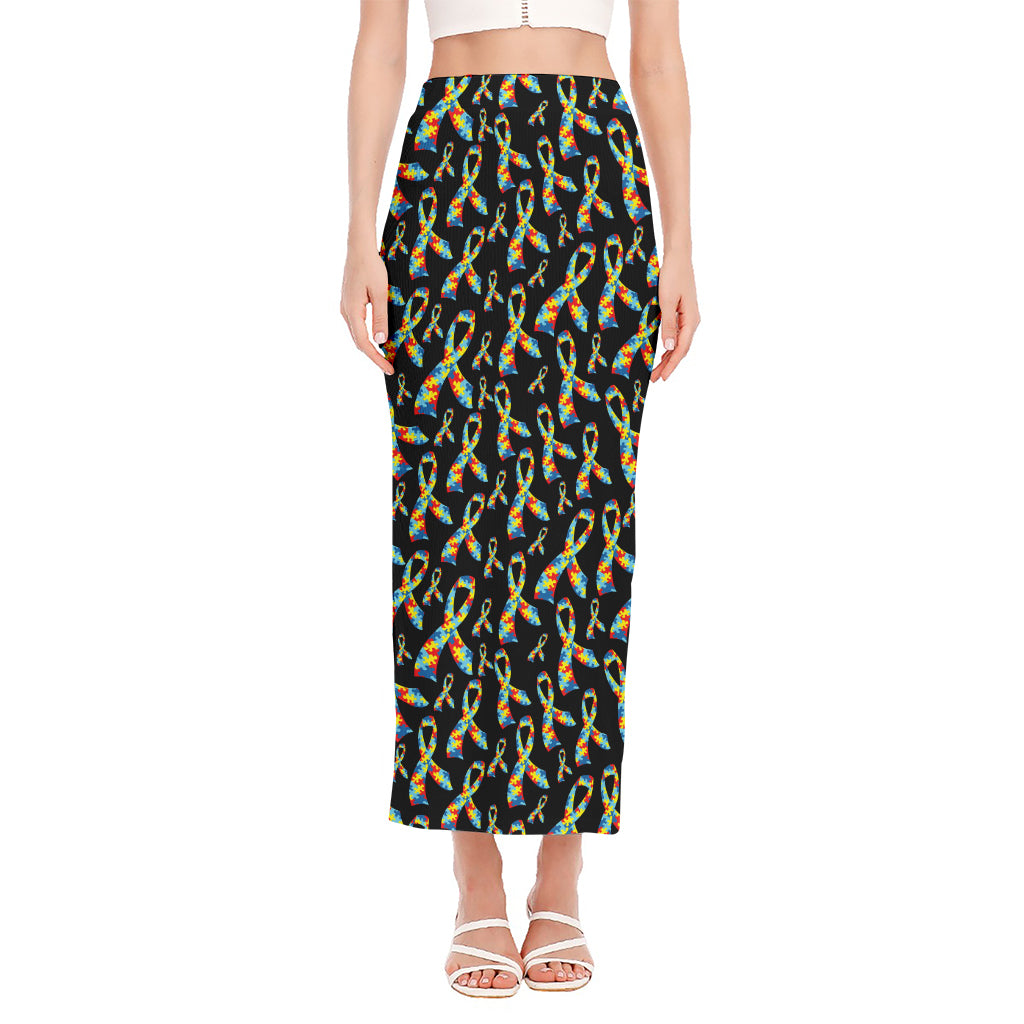 Autism Awareness Ribbon Pattern Print Side Slit Maxi Skirt