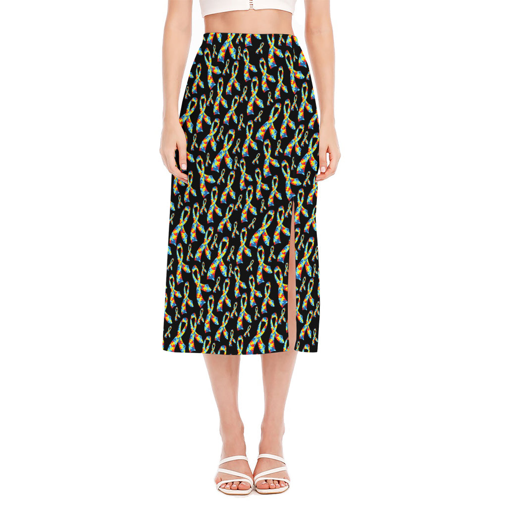 Autism Awareness Ribbon Pattern Print Side Slit Midi Skirt