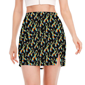 Autism Awareness Ribbon Pattern Print Side Slit Mini Skirt