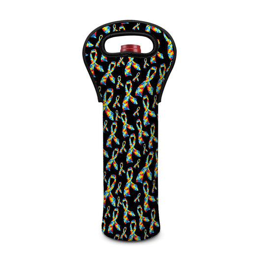 Autism Awareness Ribbon Pattern Print Single Neoprene Wine Tote