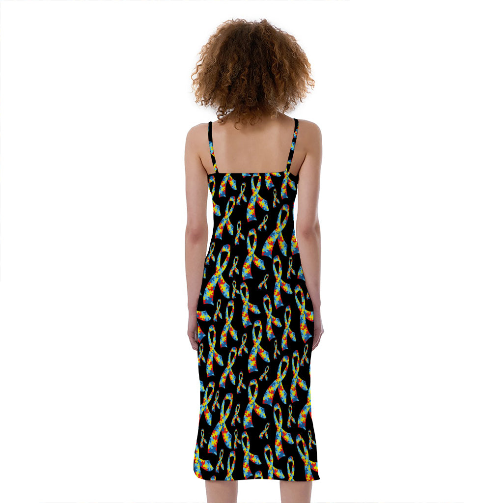 Autism Awareness Ribbon Pattern Print Slim Fit Midi Cami Dress