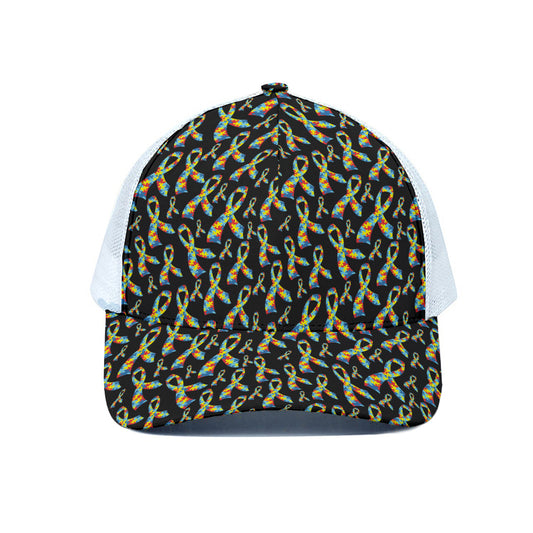 Autism Awareness Ribbon Pattern Print White Mesh Trucker Cap