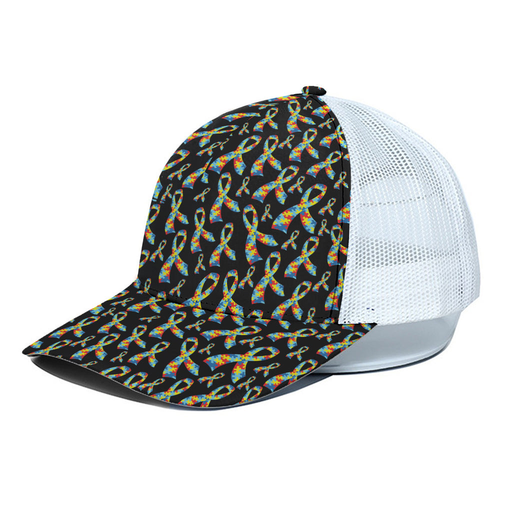 Autism Awareness Ribbon Pattern Print White Mesh Trucker Cap