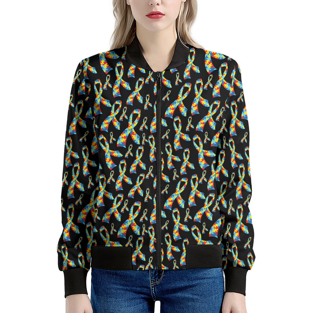 Autism Awareness Ribbon Pattern Print Women's Bomber Jacket