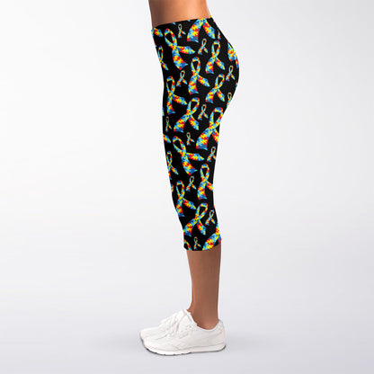 Autism Awareness Ribbon Pattern Print Women's Capri Leggings