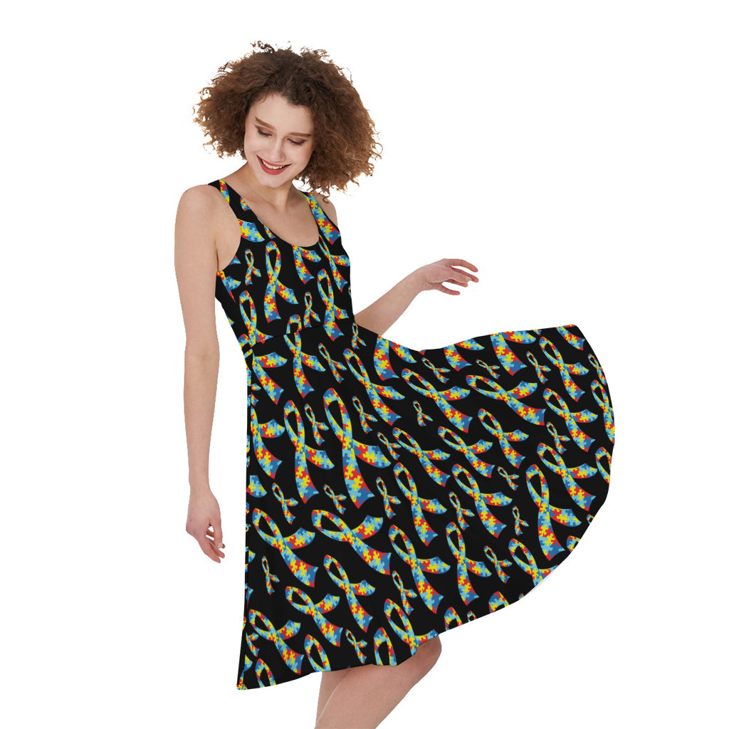 Autism Awareness Ribbon Pattern Print Women's Sleeveless Dress