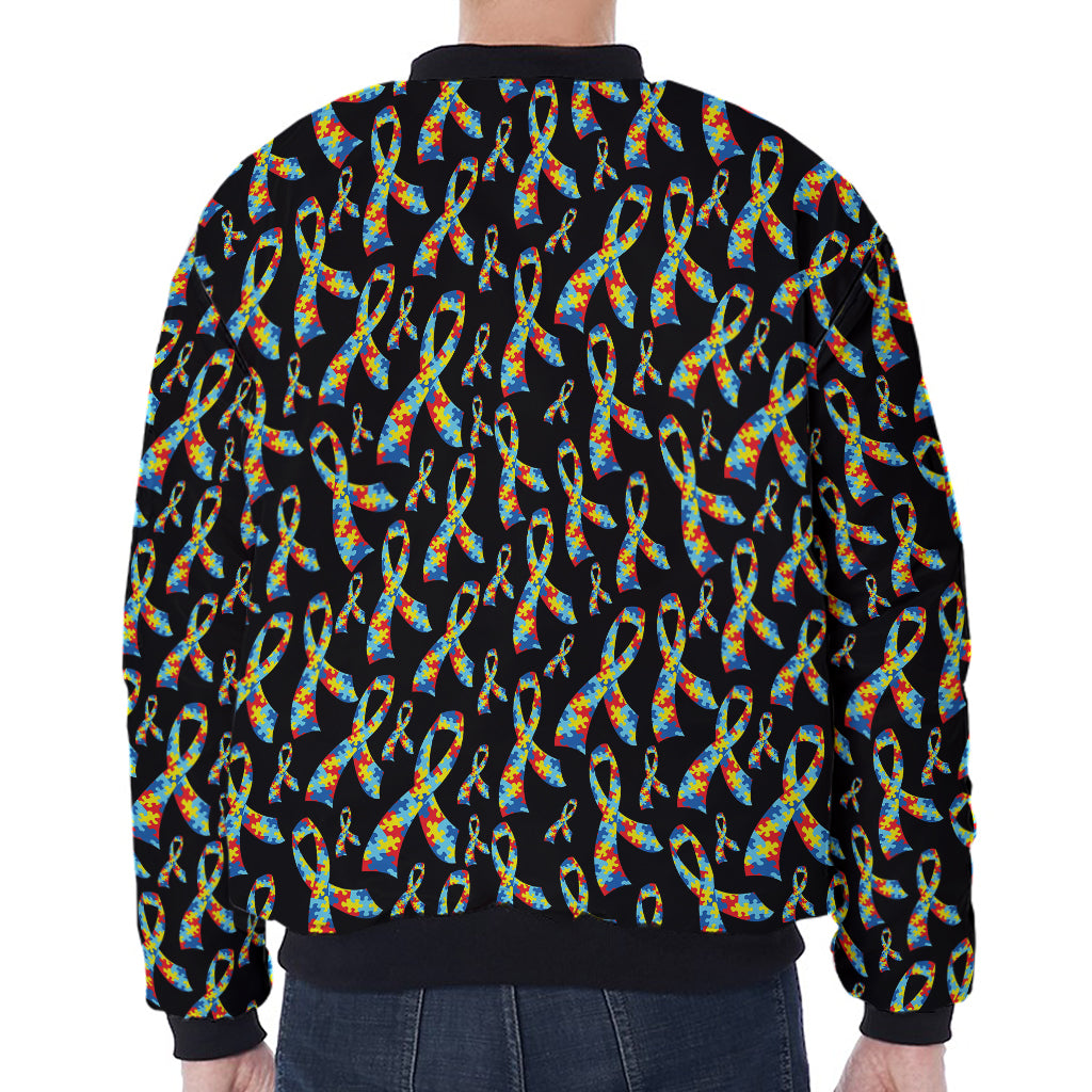 Autism Awareness Ribbon Pattern Print Zip Sleeve Bomber Jacket