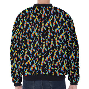 Autism Awareness Ribbon Pattern Print Zip Sleeve Bomber Jacket