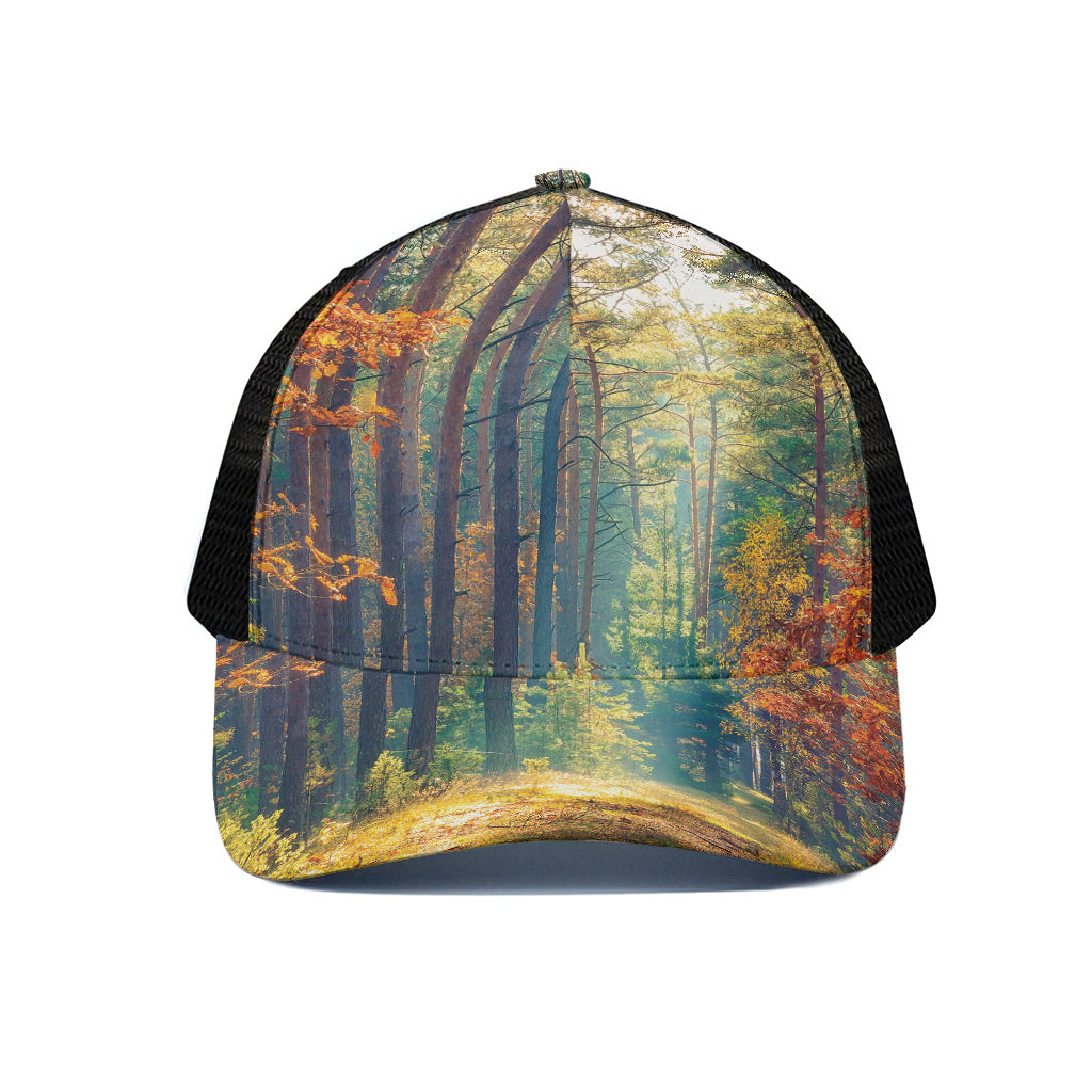 Autumn Forest Print Black Mesh Trucker Cap