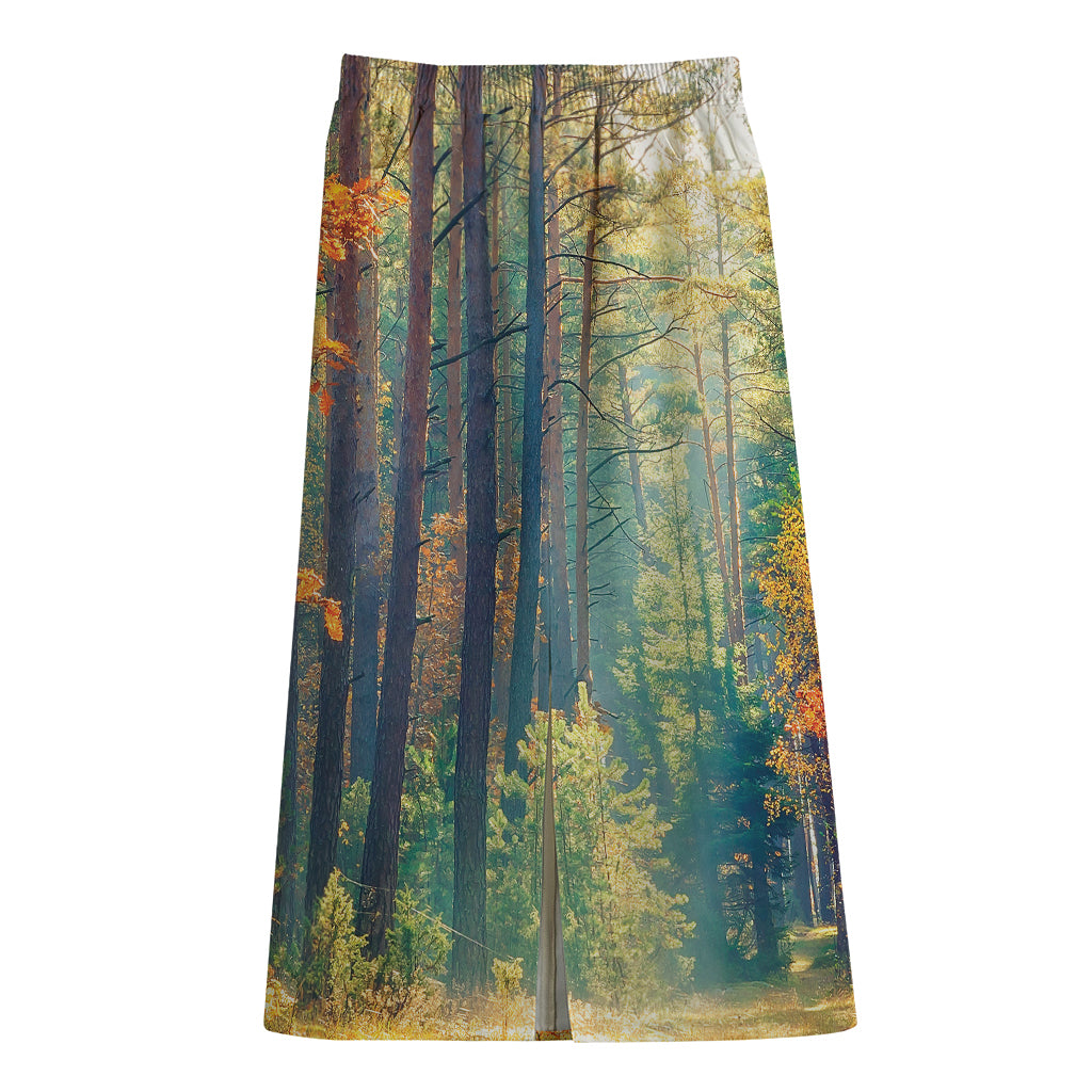 Autumn Forest Print Cotton Front Slit Maxi Skirt