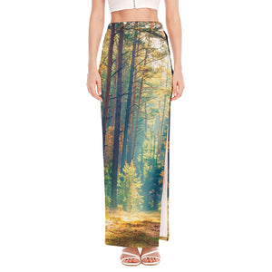 Autumn Forest Print High Slit Maxi Skirt