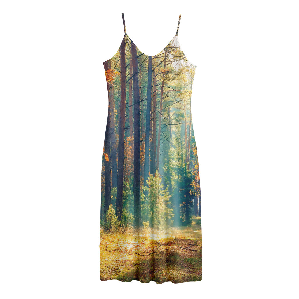 Autumn Forest Print Jersey Midi Cami Dress