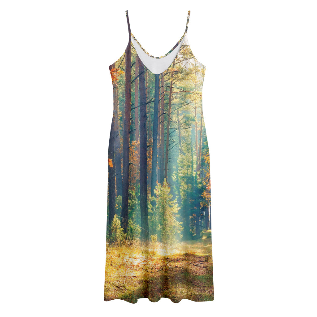 Autumn Forest Print Jersey Midi Cami Dress