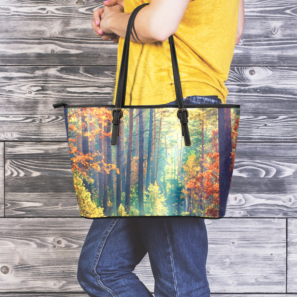 Autumn Forest Print Leather Tote Bag