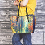 Autumn Forest Print Leather Tote Bag