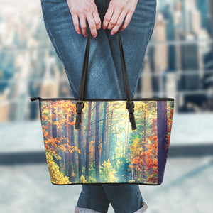 Autumn Forest Print Leather Tote Bag