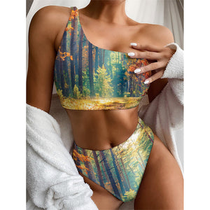 Autumn Forest Print One Shoulder Bikini Top