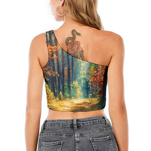 Autumn Forest Print One Shoulder Crop Top