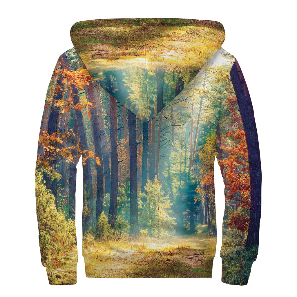 Autumn Forest Print Sherpa Lined Zip Up Hoodie
