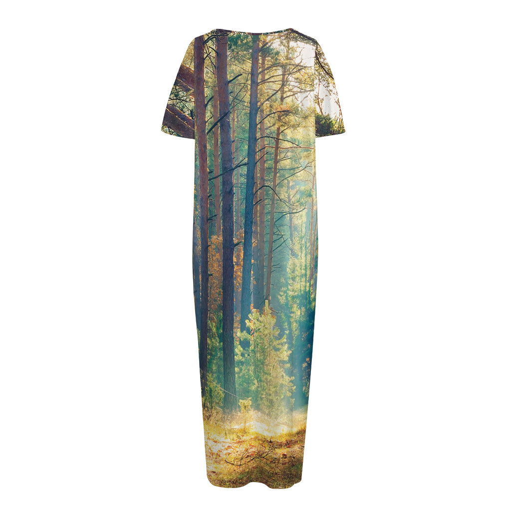 Autumn Forest Print Short Sleeve Long Nightdress