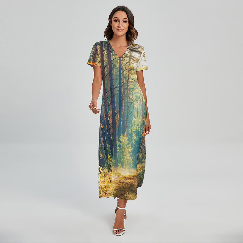 Autumn Forest Print Short Sleeve Maxi Dress