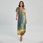 Autumn Forest Print Short Sleeve Maxi Dress