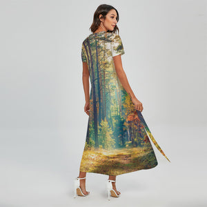 Autumn Forest Print Short Sleeve Maxi Dress