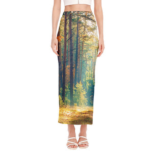 Autumn Forest Print Side Slit Maxi Skirt