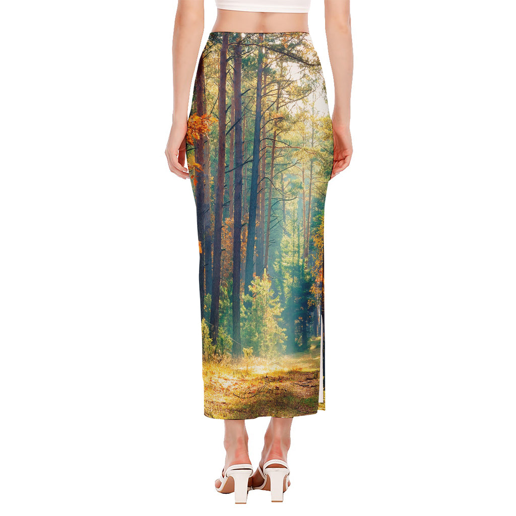 Autumn Forest Print Side Slit Maxi Skirt