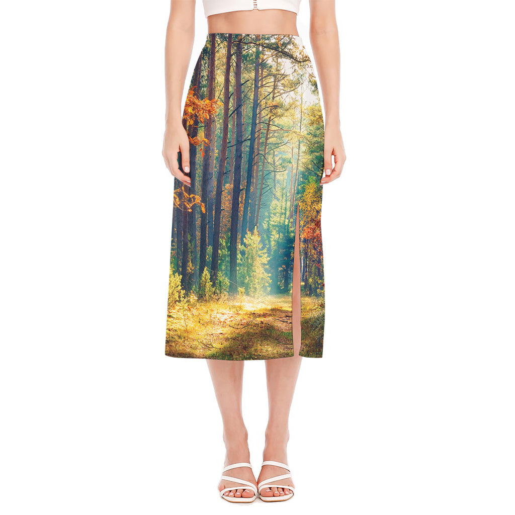 Autumn Forest Print Side Slit Midi Skirt