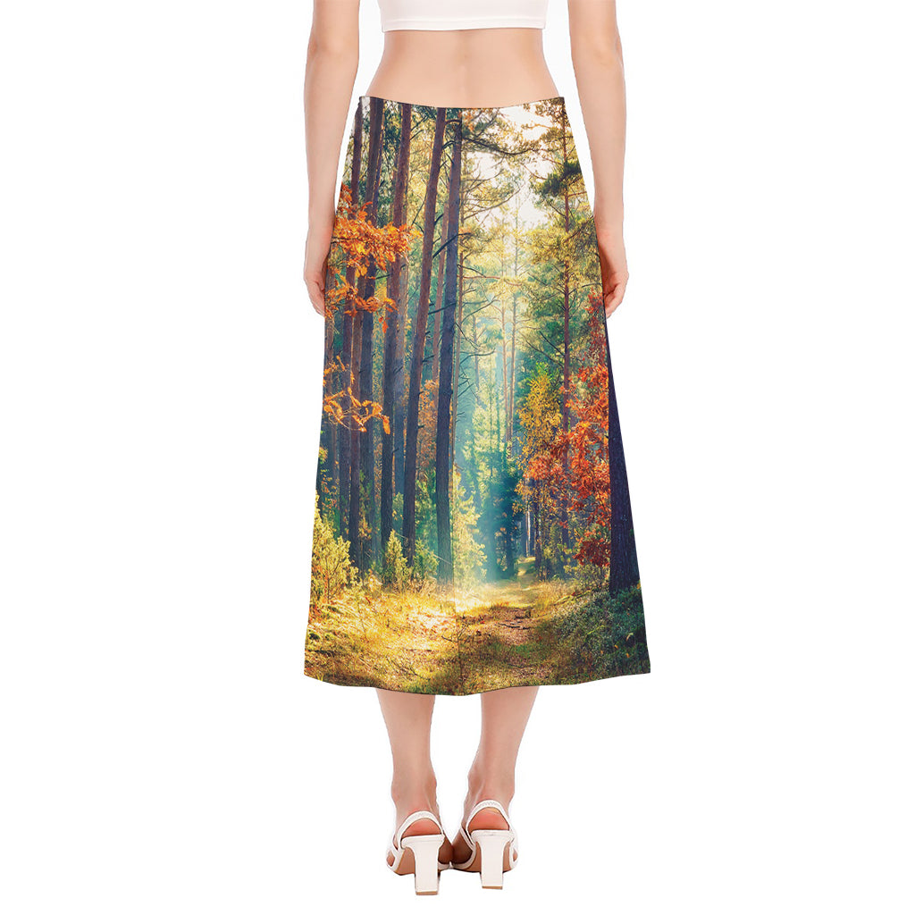 Autumn Forest Print Side Slit Midi Skirt