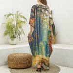 Autumn Forest Print Silk V-Neck Kaftan Dress