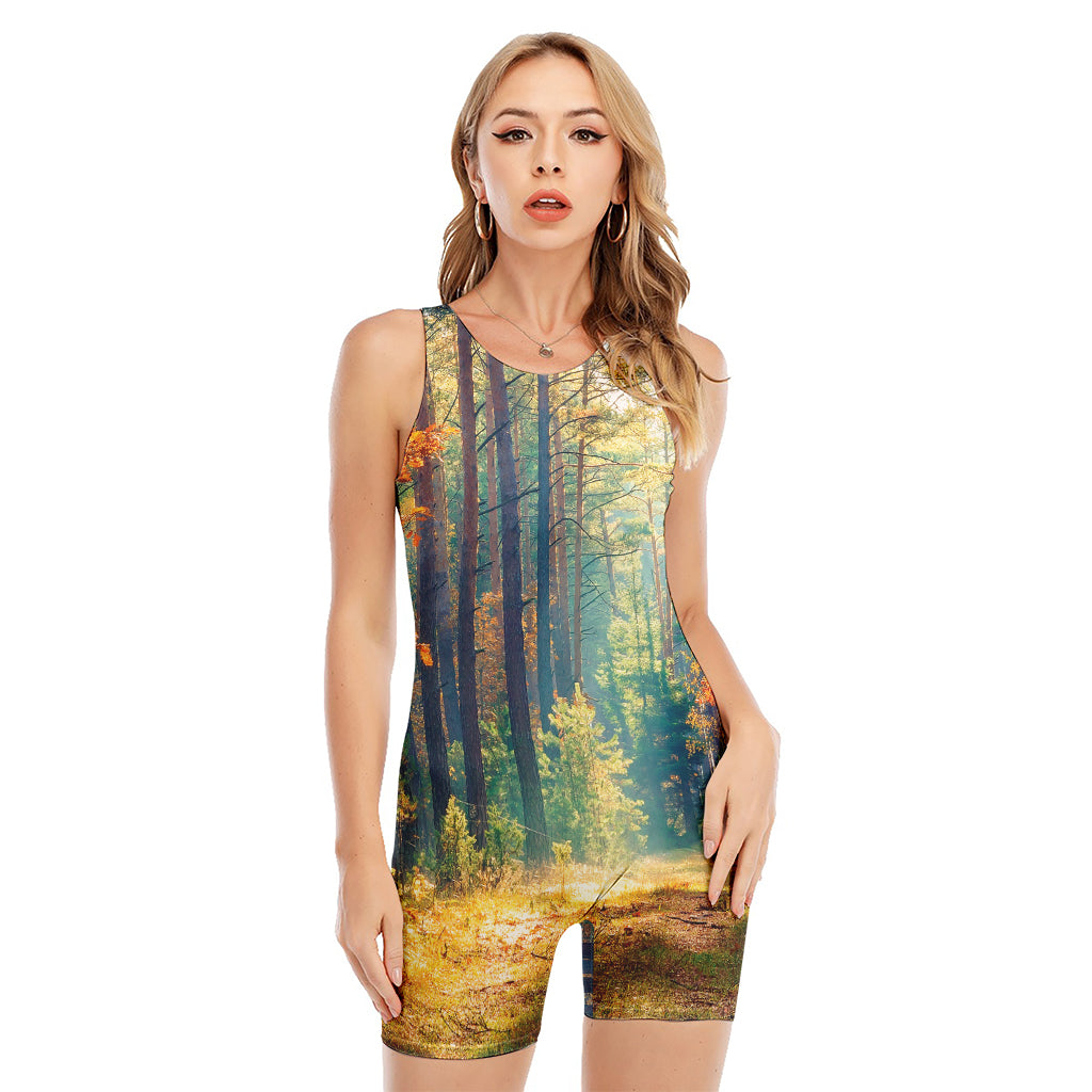 Autumn Forest Print Sleeveless One Piece Swimsuit