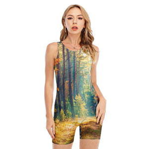 Autumn Forest Print Sleeveless One Piece Swimsuit