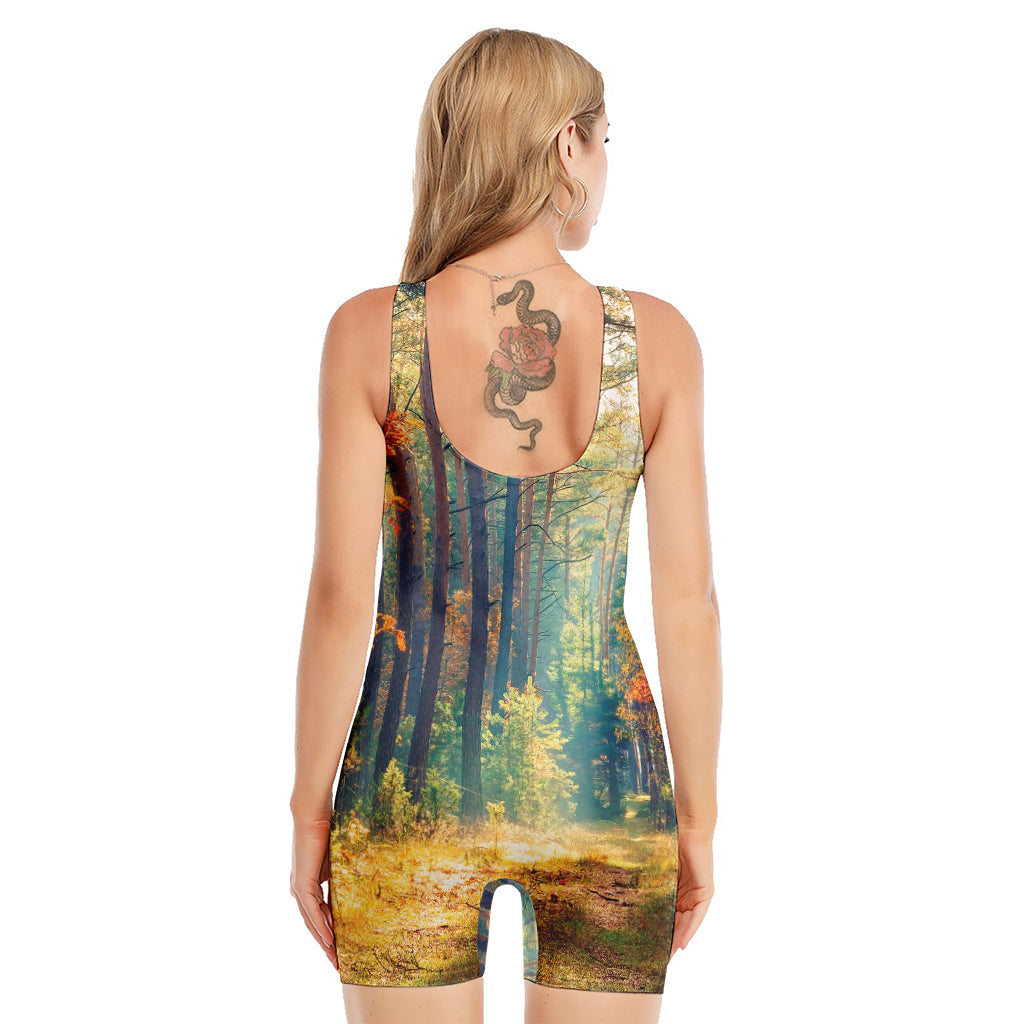 Autumn Forest Print Sleeveless One Piece Swimsuit