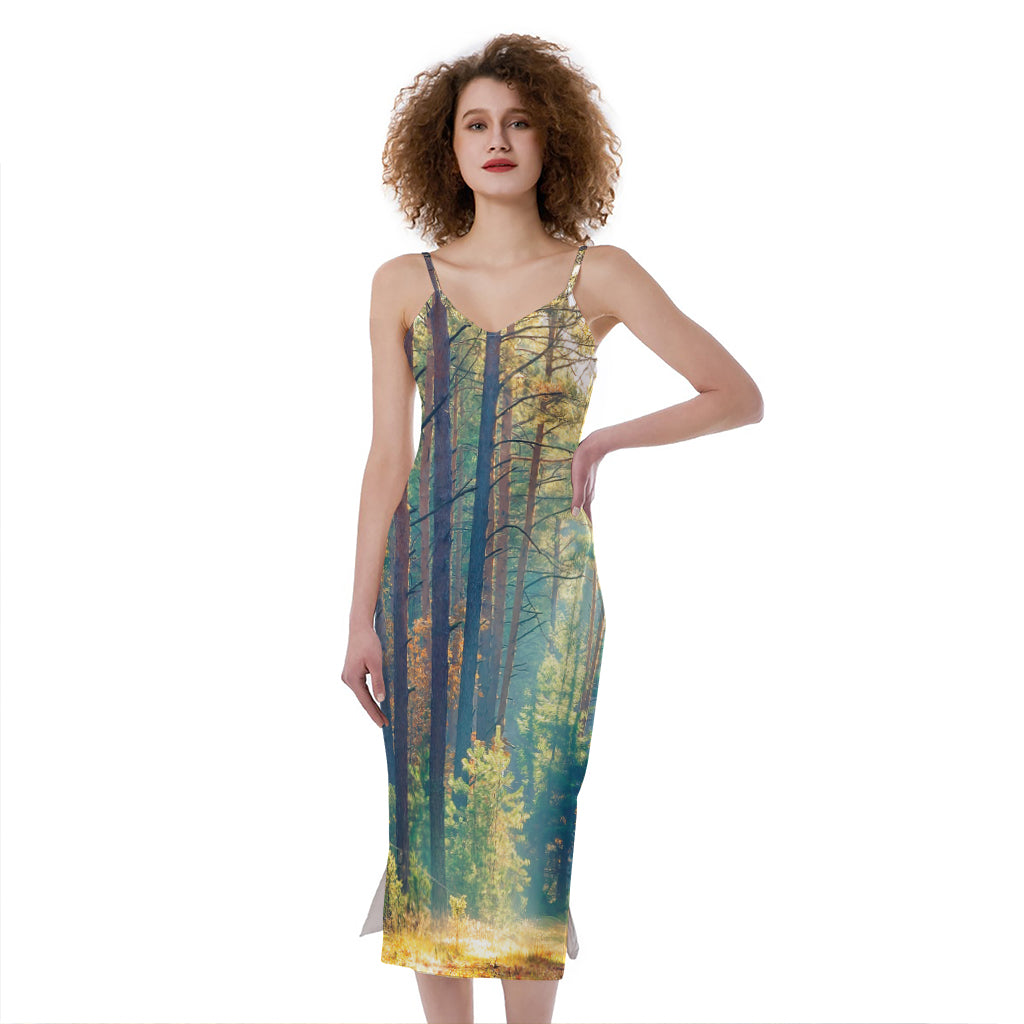 Autumn Forest Print Slim Fit Midi Cami Dress