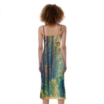 Autumn Forest Print Slim Fit Midi Cami Dress