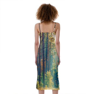 Autumn Forest Print Slim Fit Midi Cami Dress